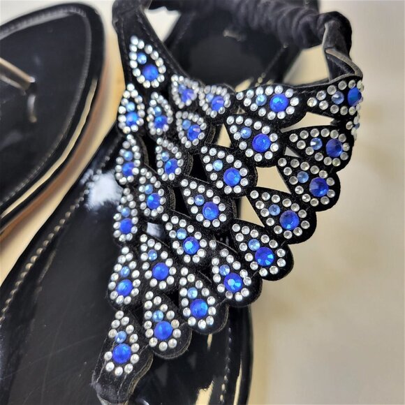 WOMENS Size 9 Blue Silver Black Sandals Peacock Motif Slippers Flats Shoes - NEW - Picture 4 of 13